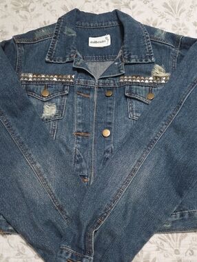 Dollhouse Blue Distressed Denim Jacket with Stud Trim